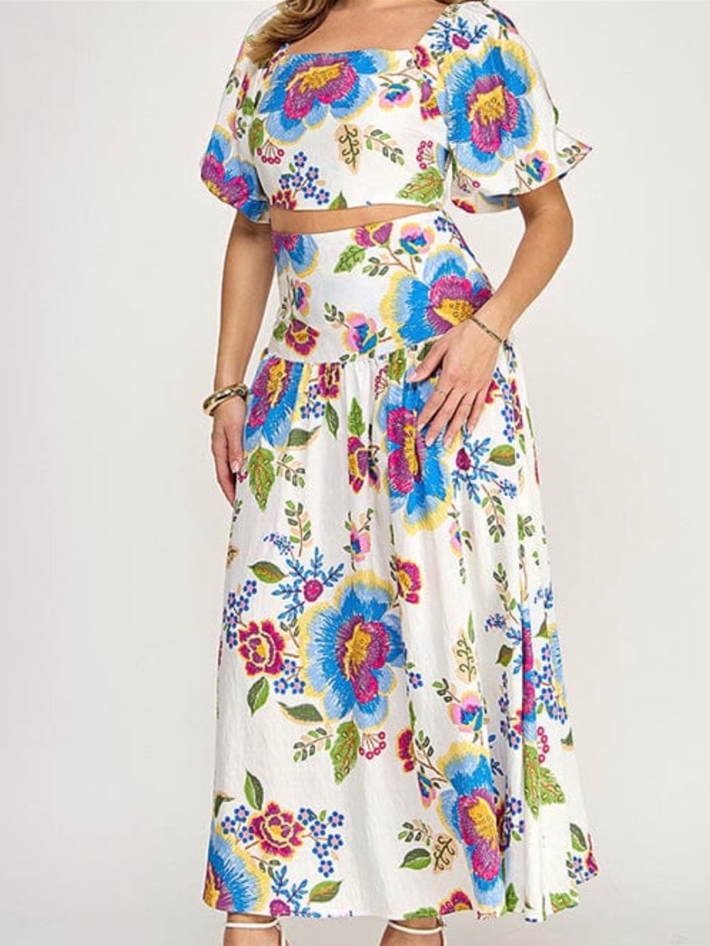 Two Piece Floral Crop Puff Sleeves Top and Matching Maxi Skirt Set